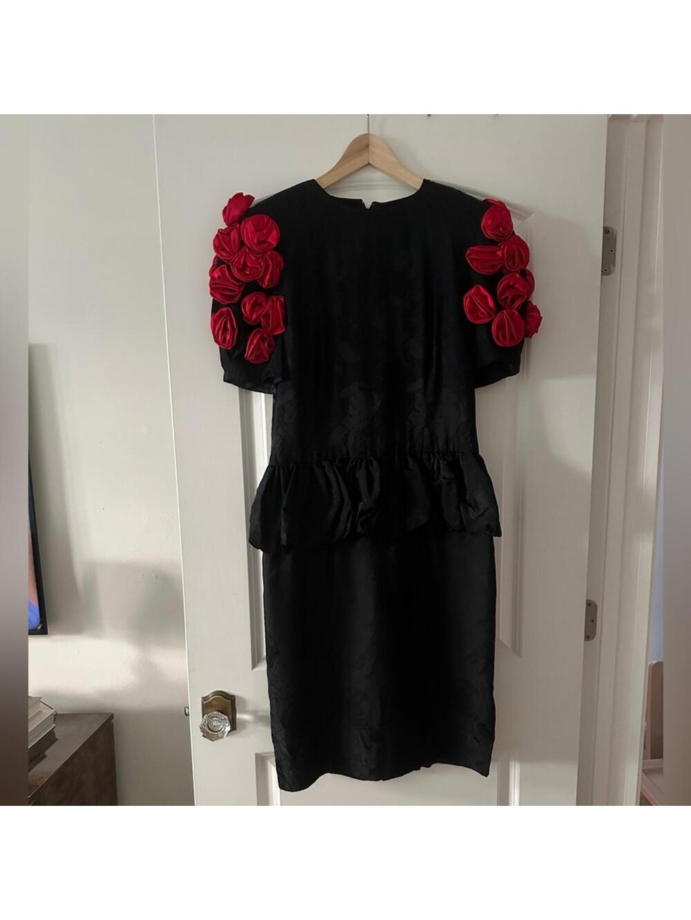 Vintage Silk Black Dress with Red Floral Accents and Peplum Waist
